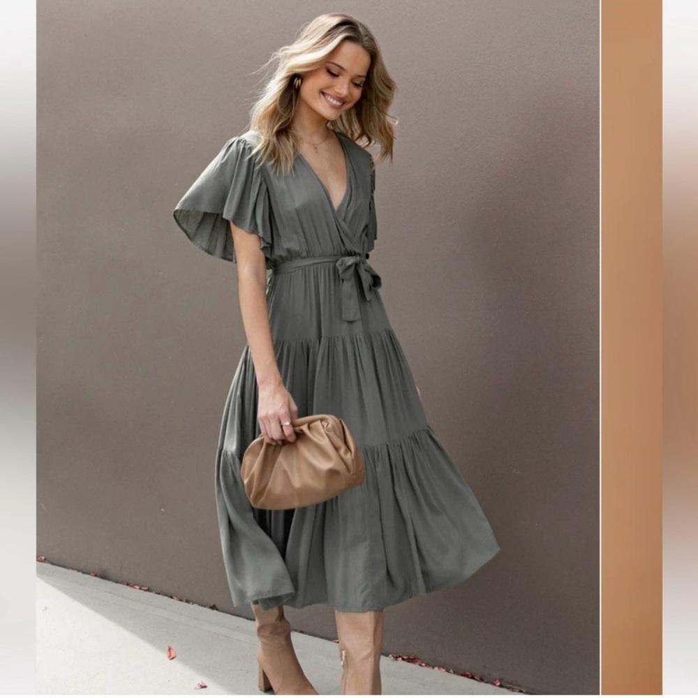 Petal & Pup Green Wrap Maxi Dress with Flutter Sleeves